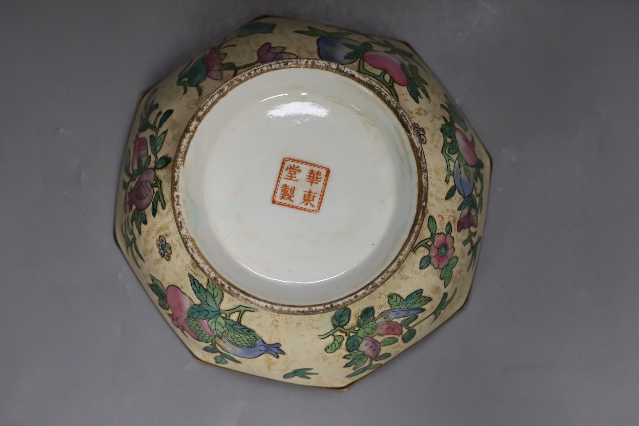 A Chinese Kangxi style blue and white ‘qilin’ dish and a famille rose octagonal dish, largest 33cm diameter